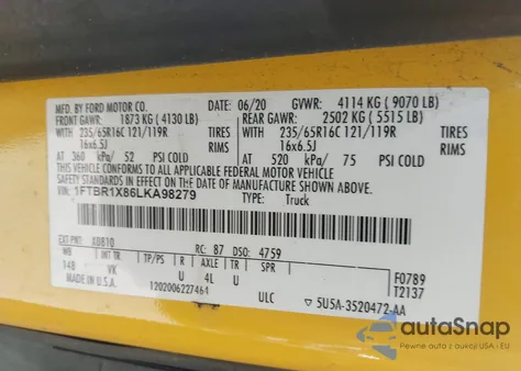 2020 Ford Transit-250 z USA, uszkodzony, nr VIN 1FTBR1X86LKA98279